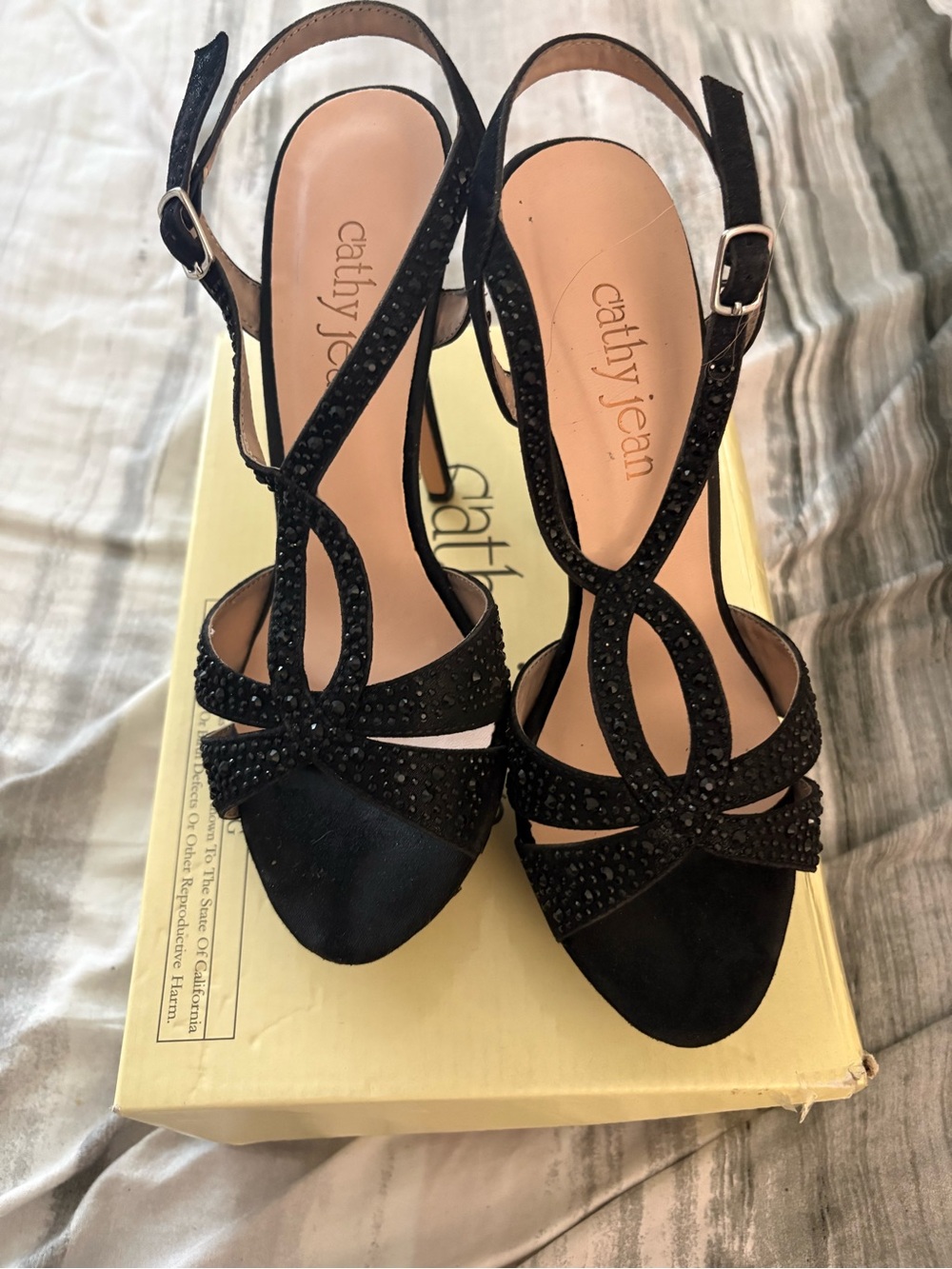 Cathy Jean Black Embellished Strappy Slingback Heels